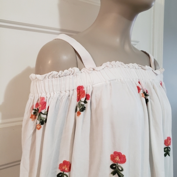 Maurice Womens XS Embroidered Boho Peasant Top Cold Shoulder White Ruffle Sleeve - Picture 3 of 8